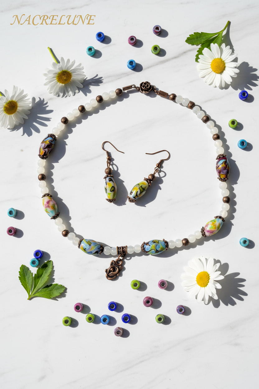 Parure Perles de Verre Blanches & Multicolores – Bijou Fantaisie Coloré | NACRELUNE NACRELUNE Parure