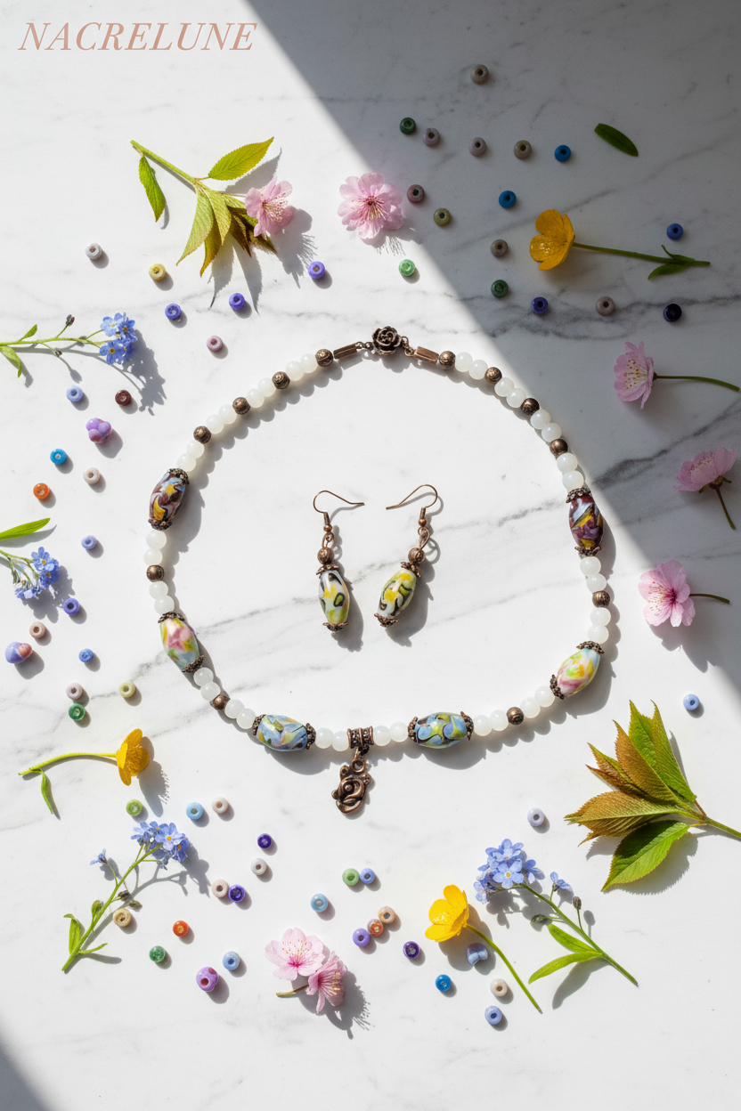 Parure Perles de Verre Blanches & Multicolores – Bijou Fantaisie Coloré | NACRELUNE NACRELUNE Parure