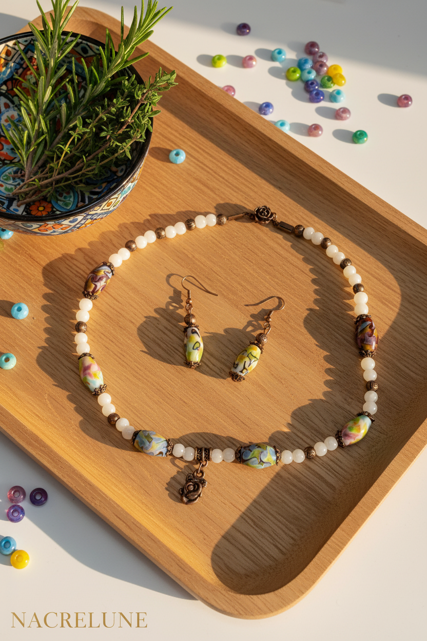 Parure Perles de Verre Blanches & Multicolores – Bijou Fantaisie Coloré | NACRELUNE NACRELUNE Parure