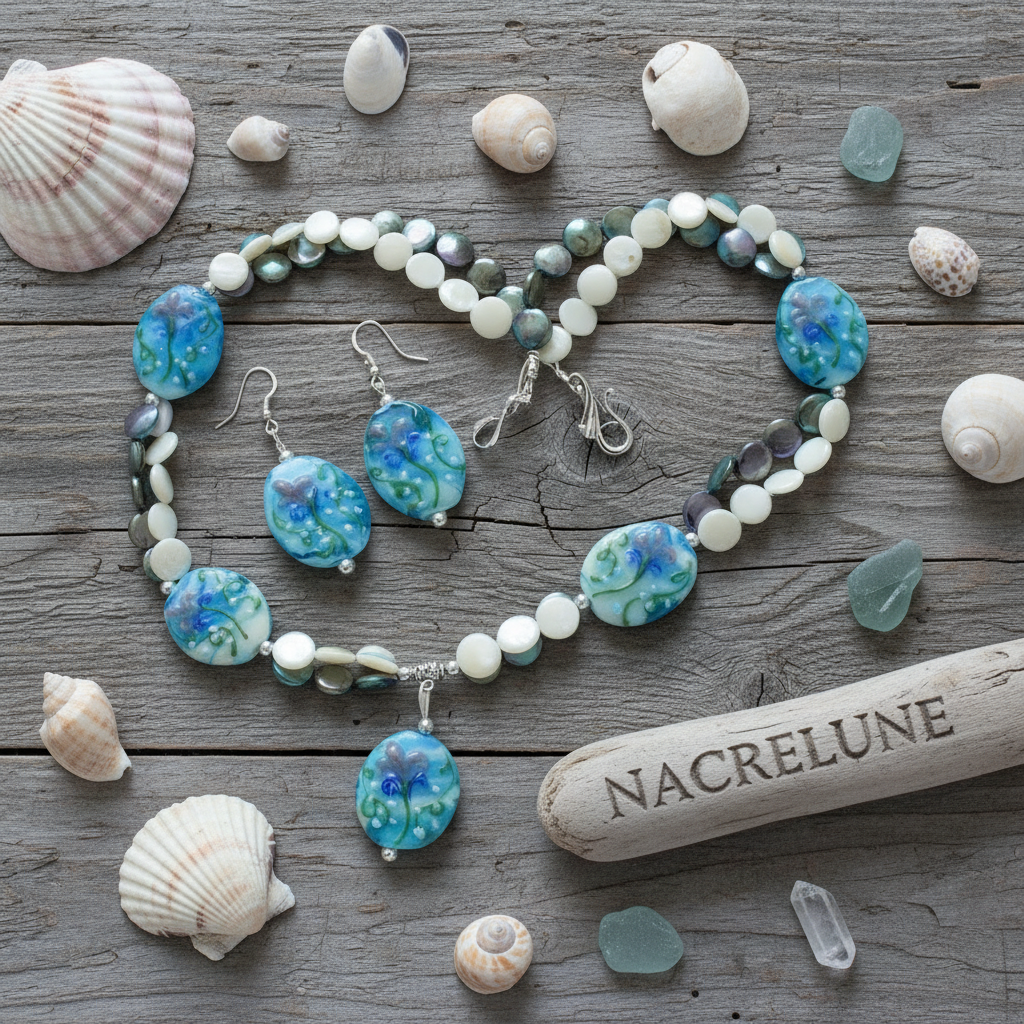 Parure en perles de verre décorées et pastilles de nacre nacrelune.com parure