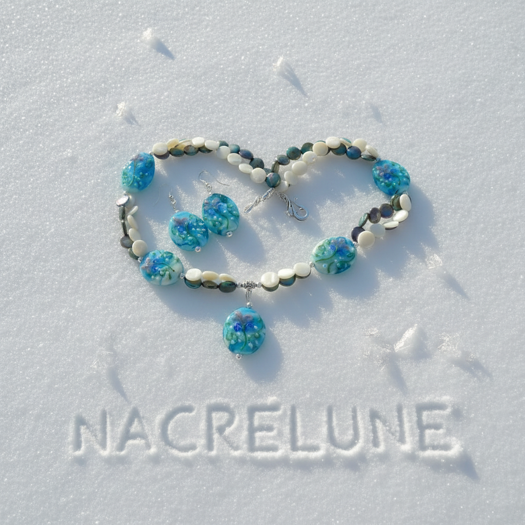 Parure en perles de verre décorées et pastilles de nacre nacrelune.com parure