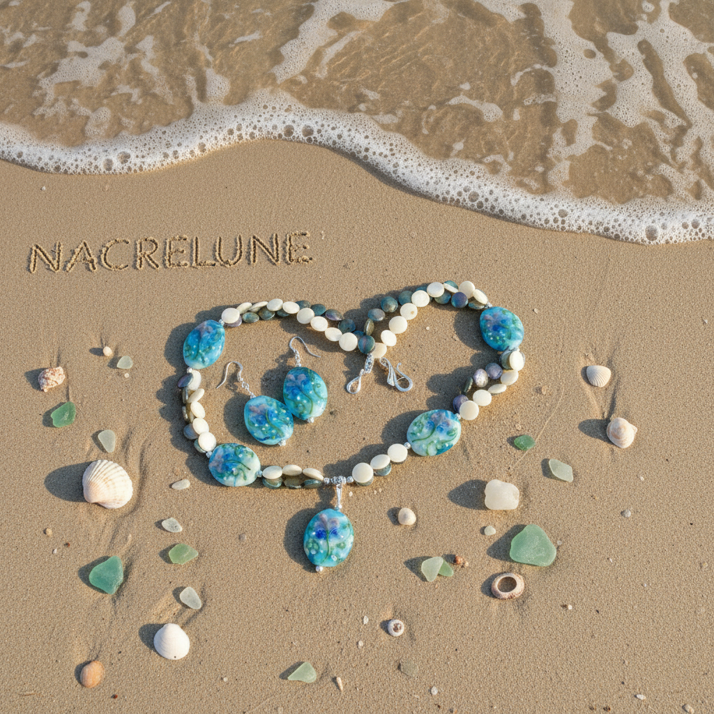 Parure en perles de verre décorées et pastilles de nacre turquoise nacrelune.com parure