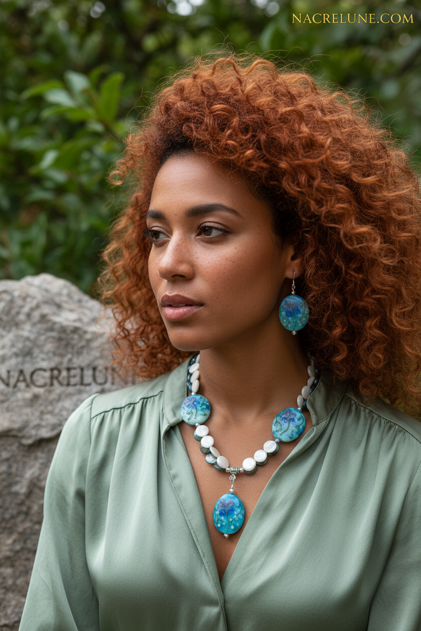 Parure en perles de verre décorées et pastilles de nacre nacrelune.com parure