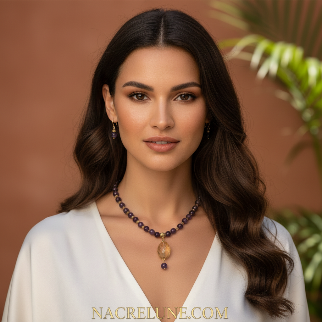 Parure en perles d'améthystes véritable et grande citrine facettée nacrelune.com parure