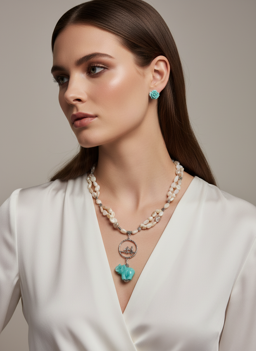 Parure en nacre avec éléphant en résine nacrelune.com parure