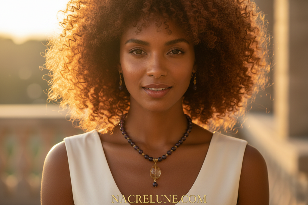 Parure en perles d'améthystes véritable et grande citrine facettée nacrelune.com parure