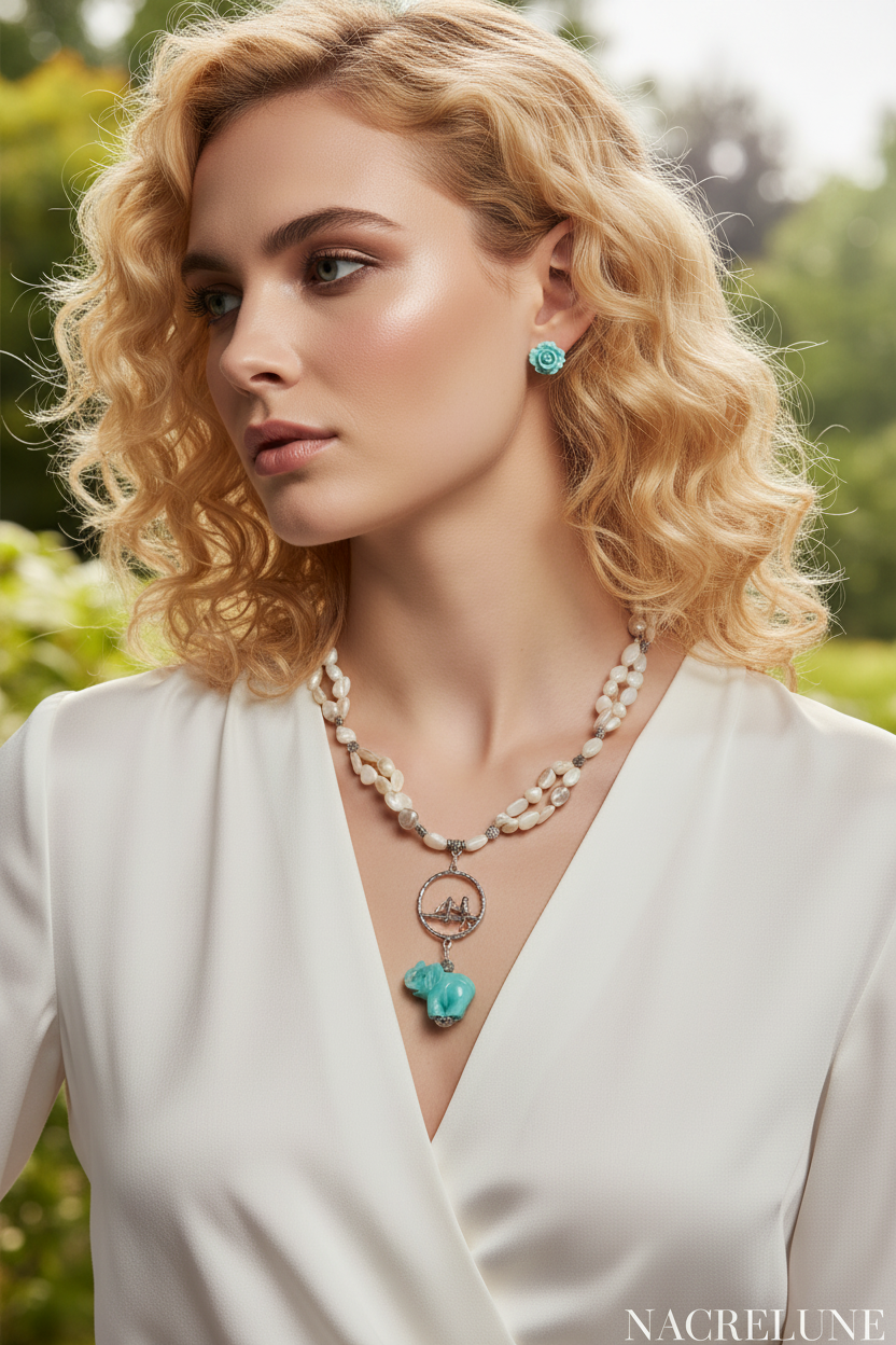Parure en nacre avec éléphant en résine nacrelune.com parure