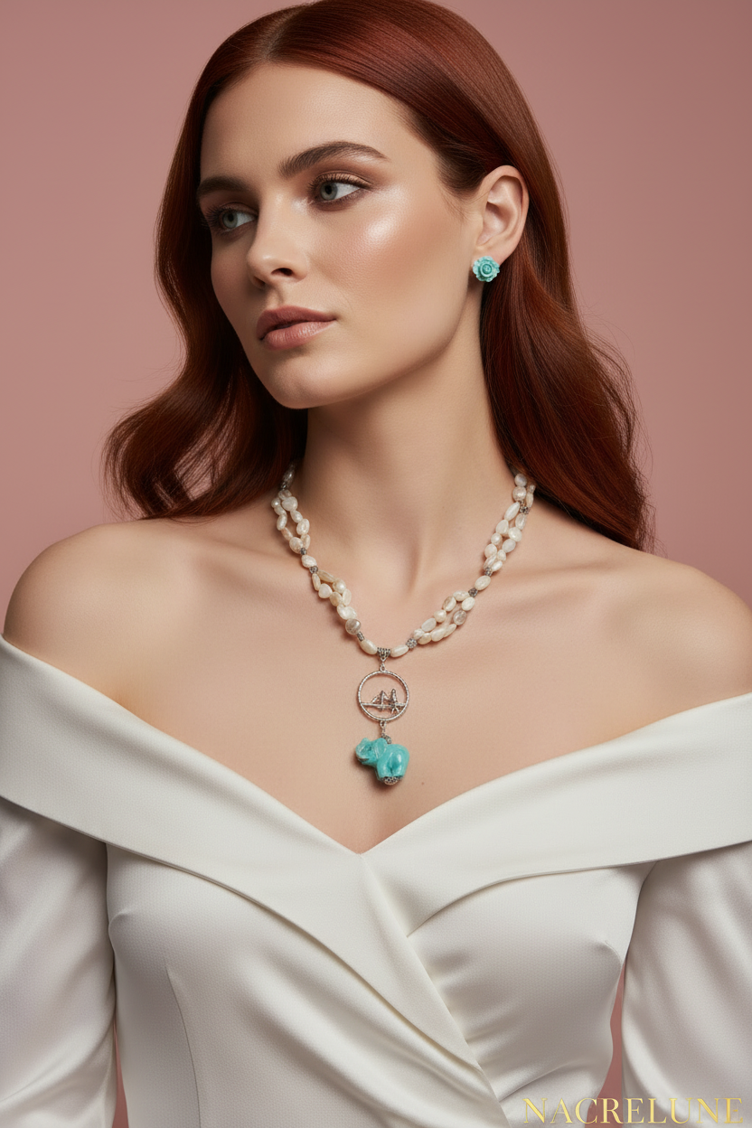 Parure en nacre avec éléphant en résine nacrelune.com parure