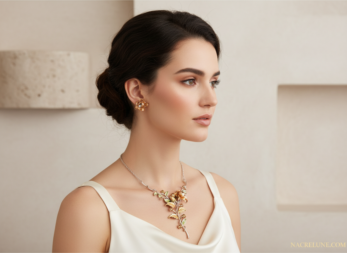 Parure fleurs en émail jaune orangé nacrelune.com parure
