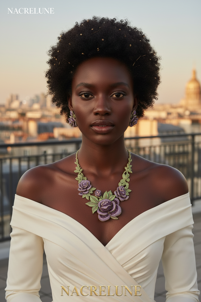 Grande parure en strass représentant des roses mauves nacrelune.com parure