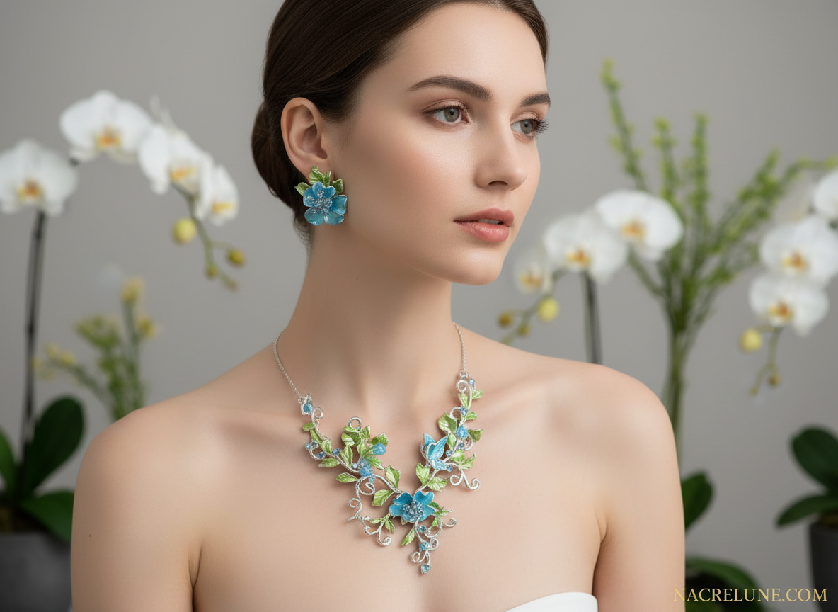Parure en émail bleu avec fleurs, papillon et coccinelle nacrelune.com parure