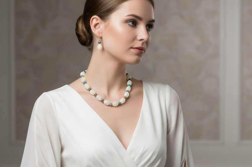 parure en perles de verre dentelle blanche avec millefleurs nacrelune.com parure