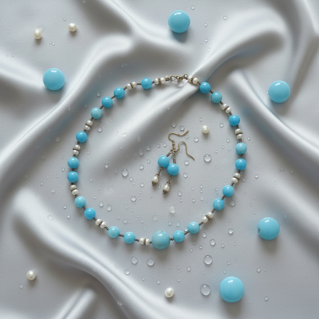 Parure quartz bleus flat lay éthéré