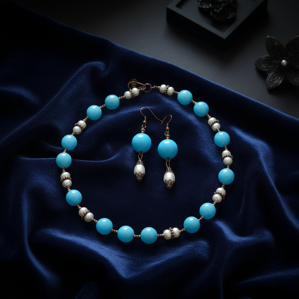 Parure quartz bleus flat lay velours
