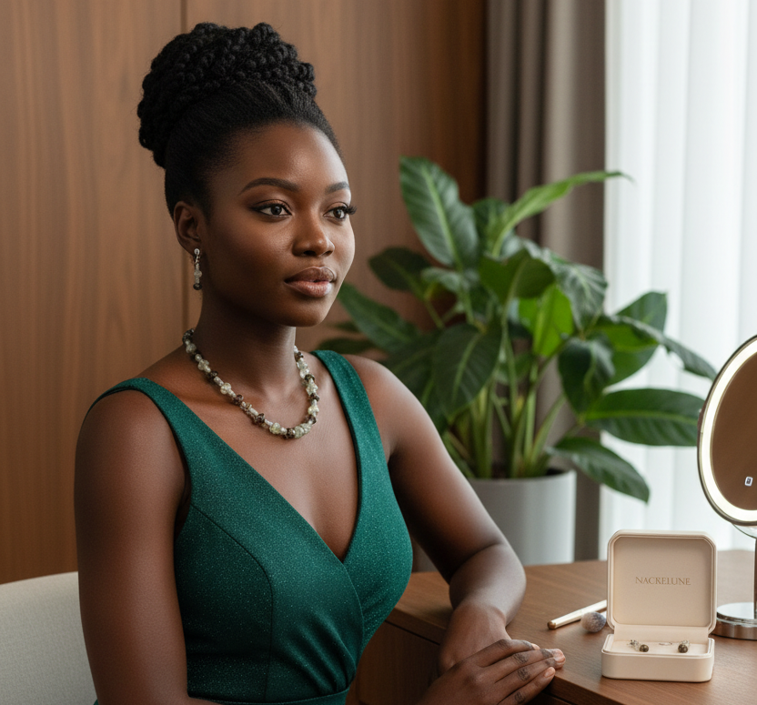 Parure en perles de quartz verts et marrons nacrelune.com parure