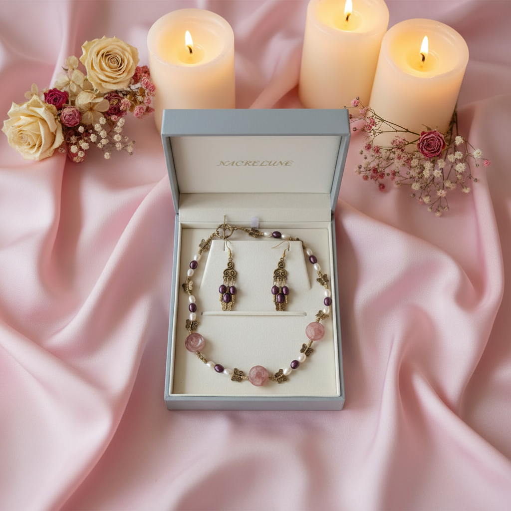 Parure fleurs quartz rouges et perles de culture bicolores nacrelune.com parure