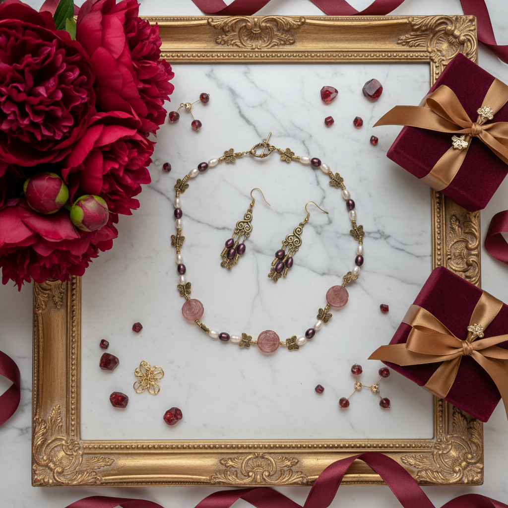 Parure fleurs quartz rouges et perles de culture bicolores nacrelune.com parure