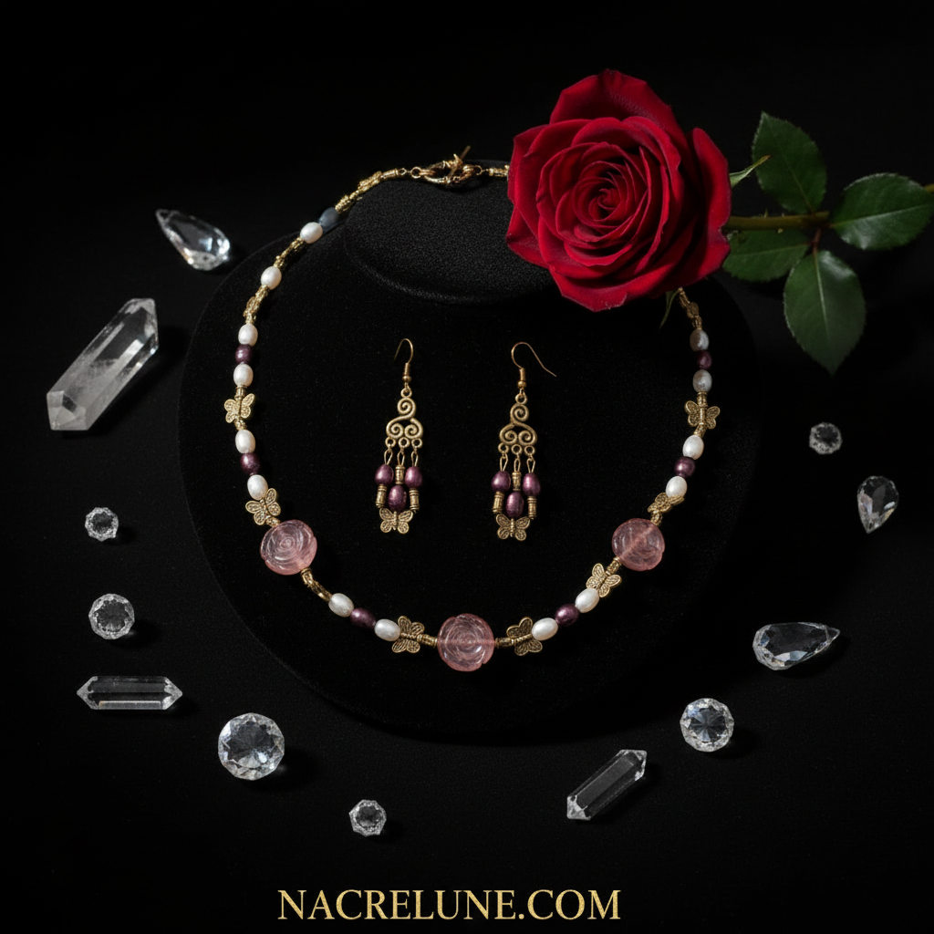 Parure fleurs quartz rouges et perles de culture bicolores nacrelune.com parure