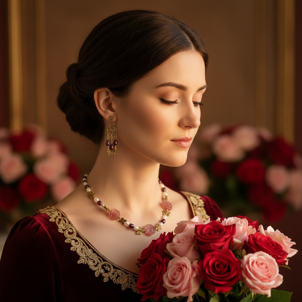 Parure fleurs quartz rouges et perles de culture bicolores nacrelune.com parure