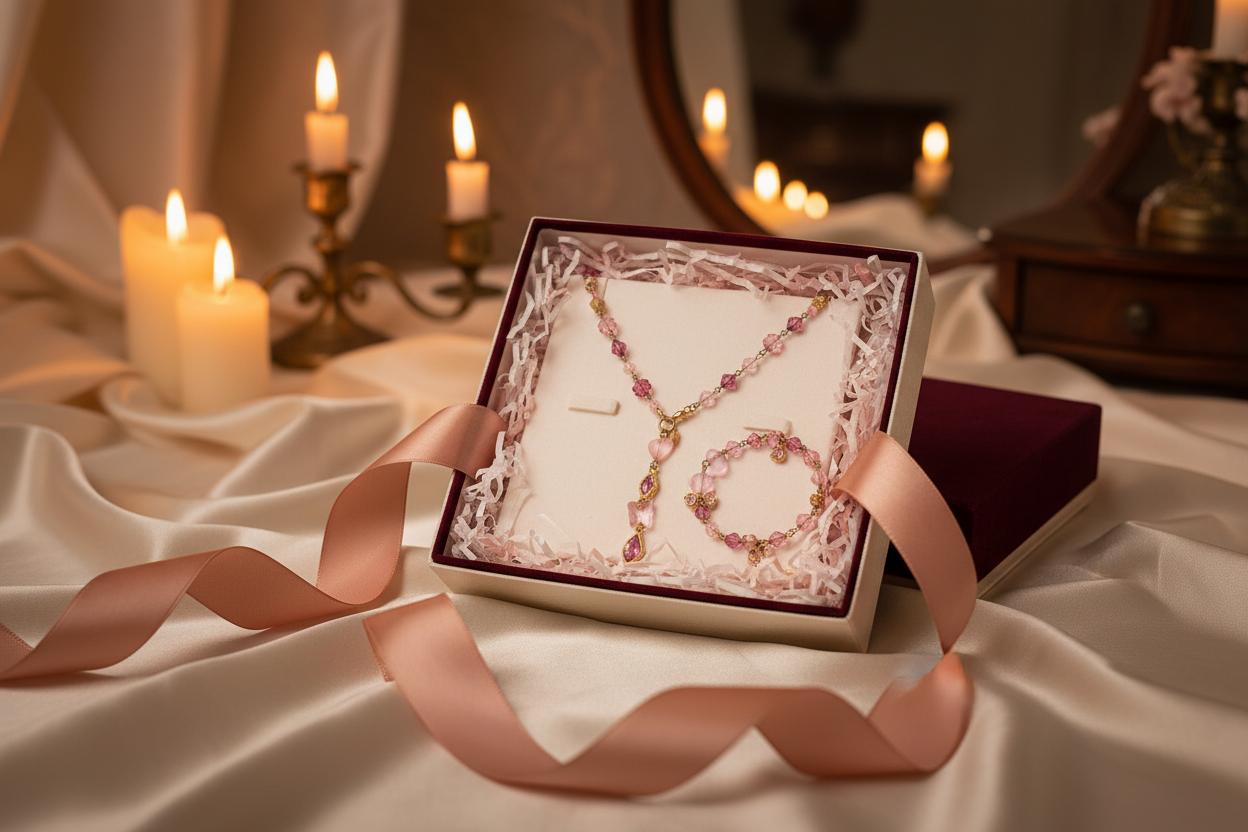 Parure Fantaisie Rose Collier et Bracelet nacrelune.com parure