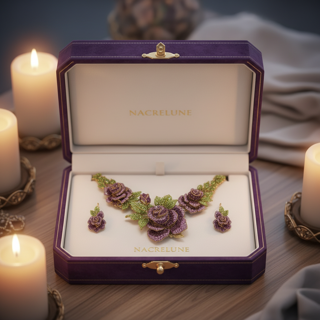 Grande parure en strass représentant des roses mauves nacrelune.com parure