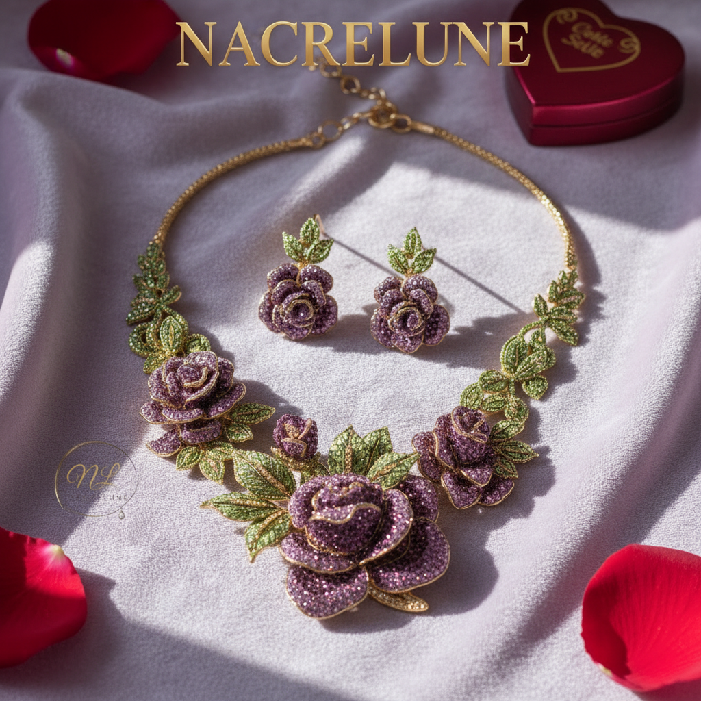 Grande parure en strass représentant des roses mauves nacrelune.com parure