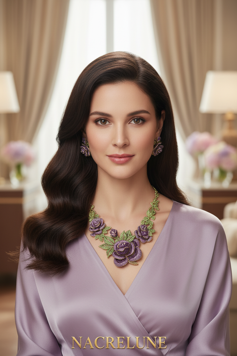 Grande parure en strass représentant des roses mauves nacrelune.com parure