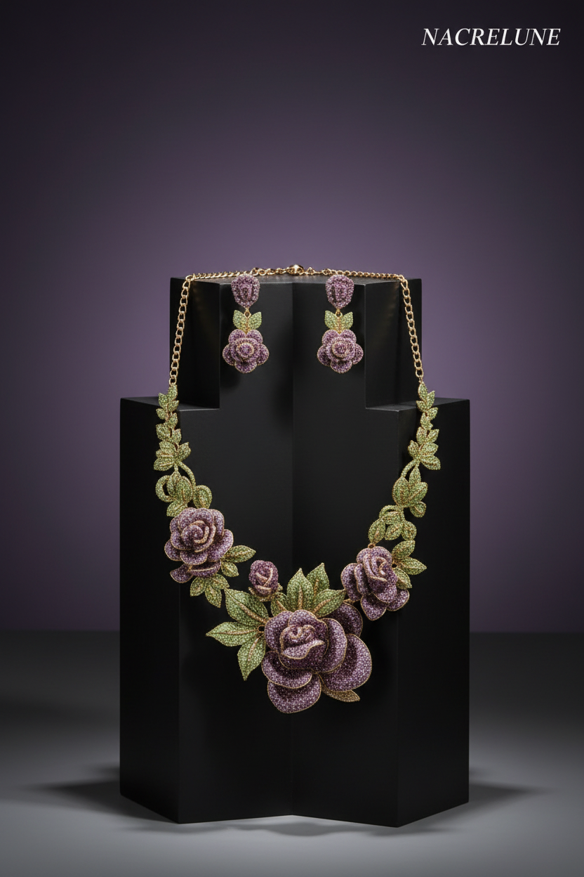 Grande parure en strass représentant des roses mauves nacrelune.com parure