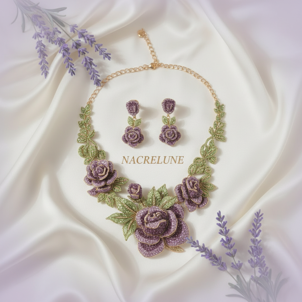 Grande parure en strass représentant des roses mauves nacrelune.com parure