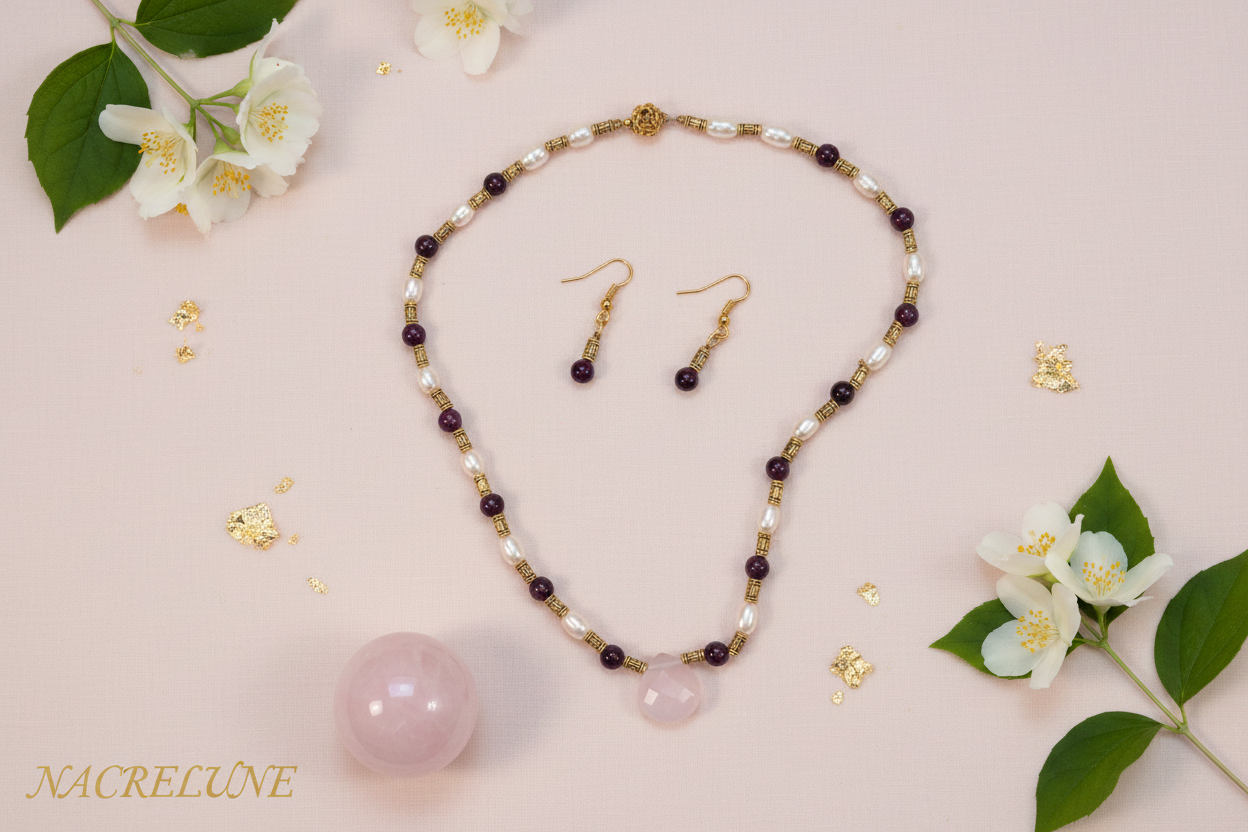 Parure petits rubis polis véritables avec perles de culture et quartz rose sculpté nacrelune.com parure