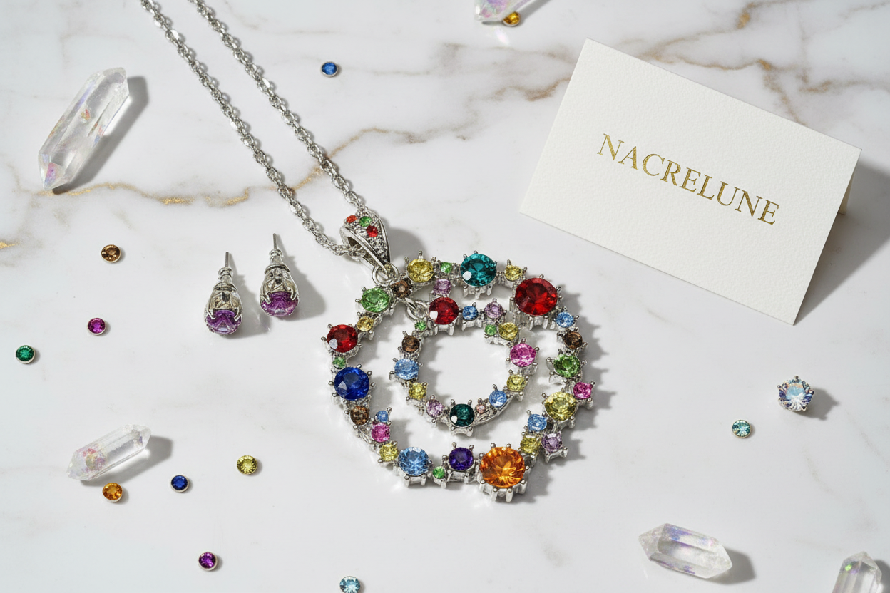 Parure sautoir avec cercles argentés et strass multicolores nacrelune.com parure