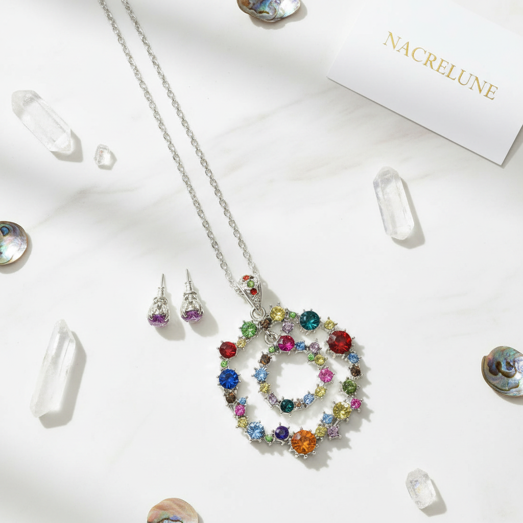 Parure sautoir avec cercles argentés et strass multicolores nacrelune.com parure