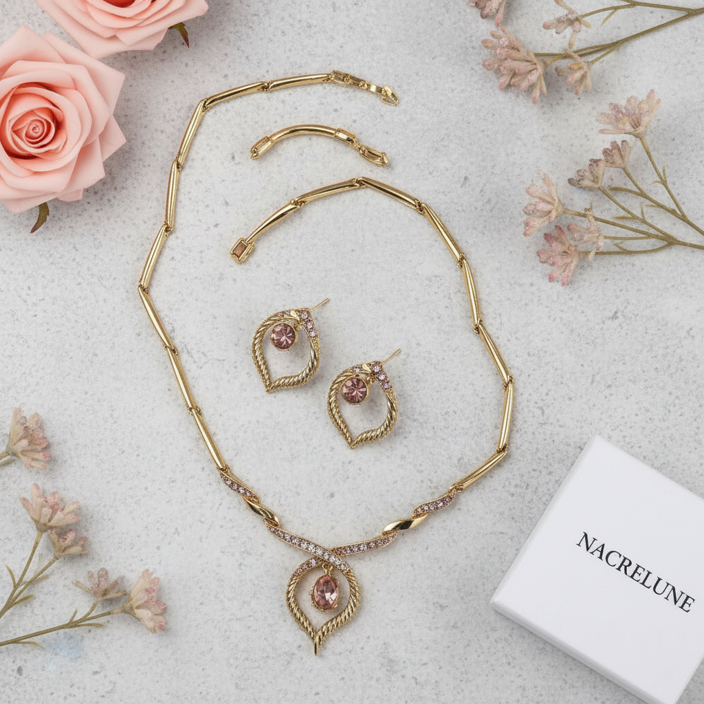 Parure stylisée en strass roses nacrelune.com parure