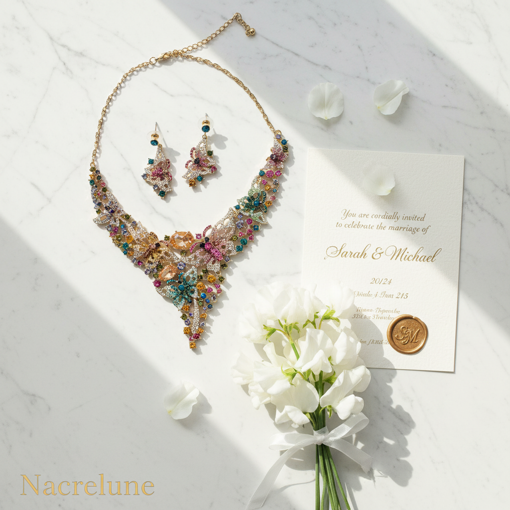 Parure en strass multicolores, fleurs et papillons nacrelune.com parure