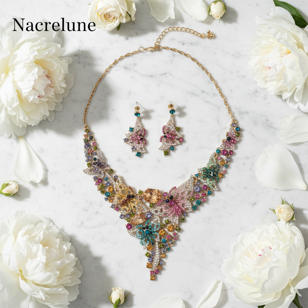 Parure en strass multicolores, fleurs et papillons nacrelune.com parure