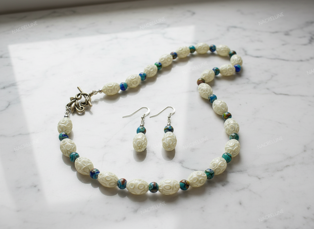 parure en perles de verre dentelle blanche avec millefleurs nacrelune.com parure