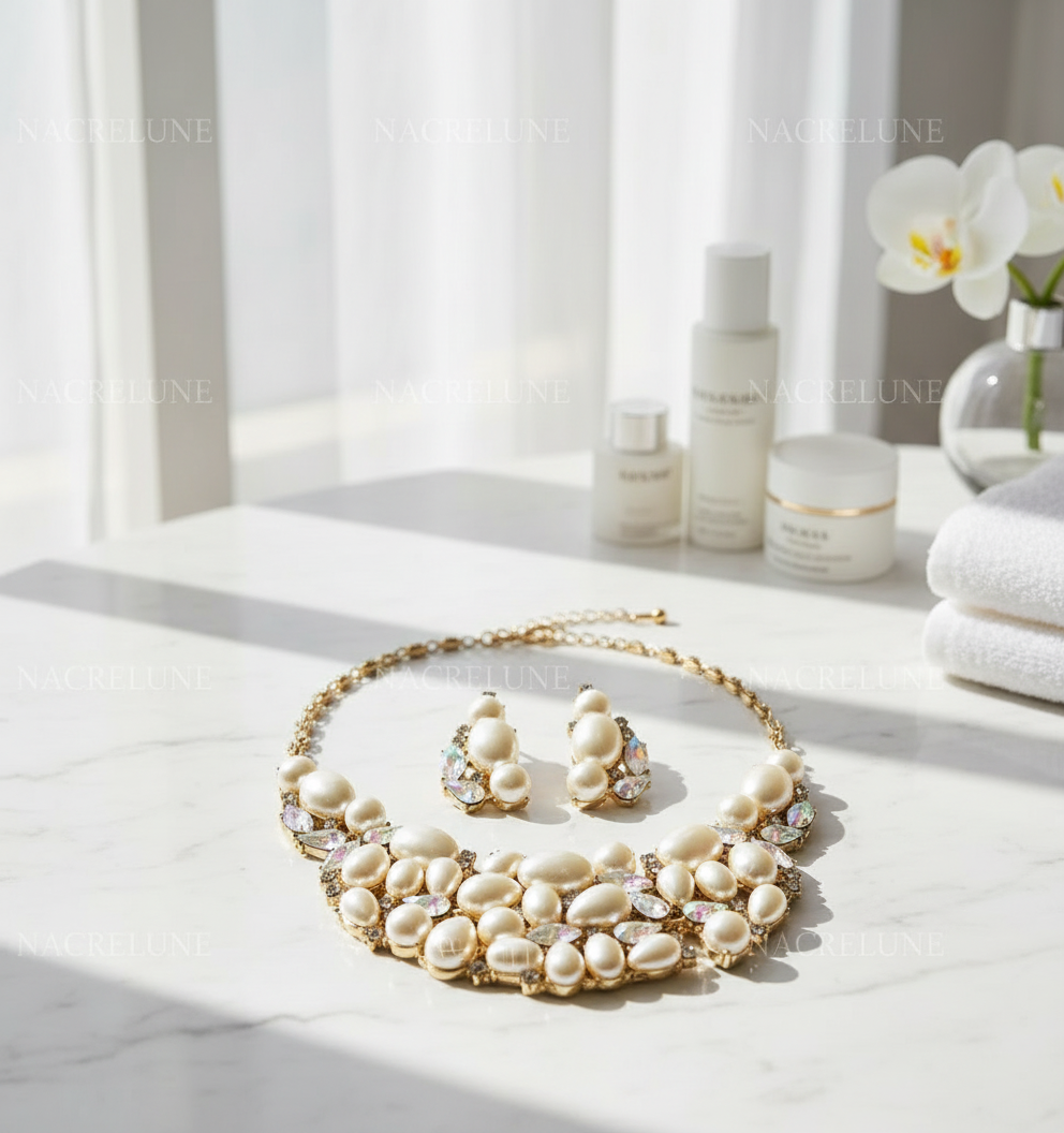 Parure fantaisie en perles fantaisie et strass aurore boréale nacrelune.com parure