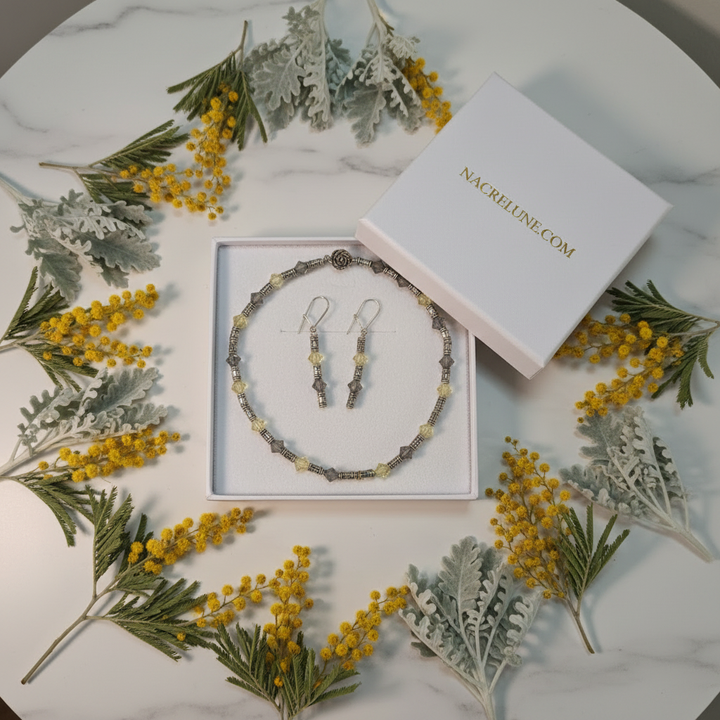 Parure en cristaux swarovki jaunes et gris nacrelune.com parure