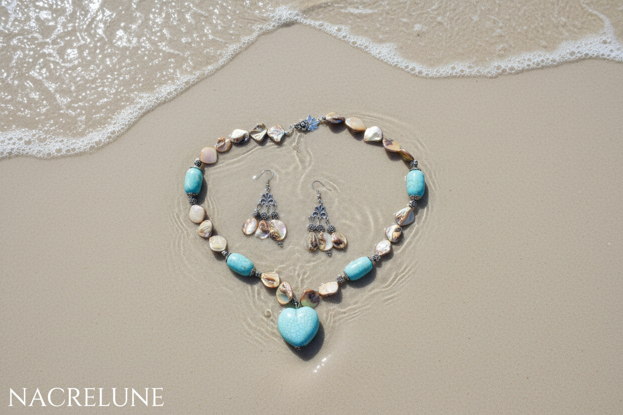 Parure Turquoises & Perles de Nacre – Collier et Boucles Cœur | NACRELUNE nacrelune.com parure