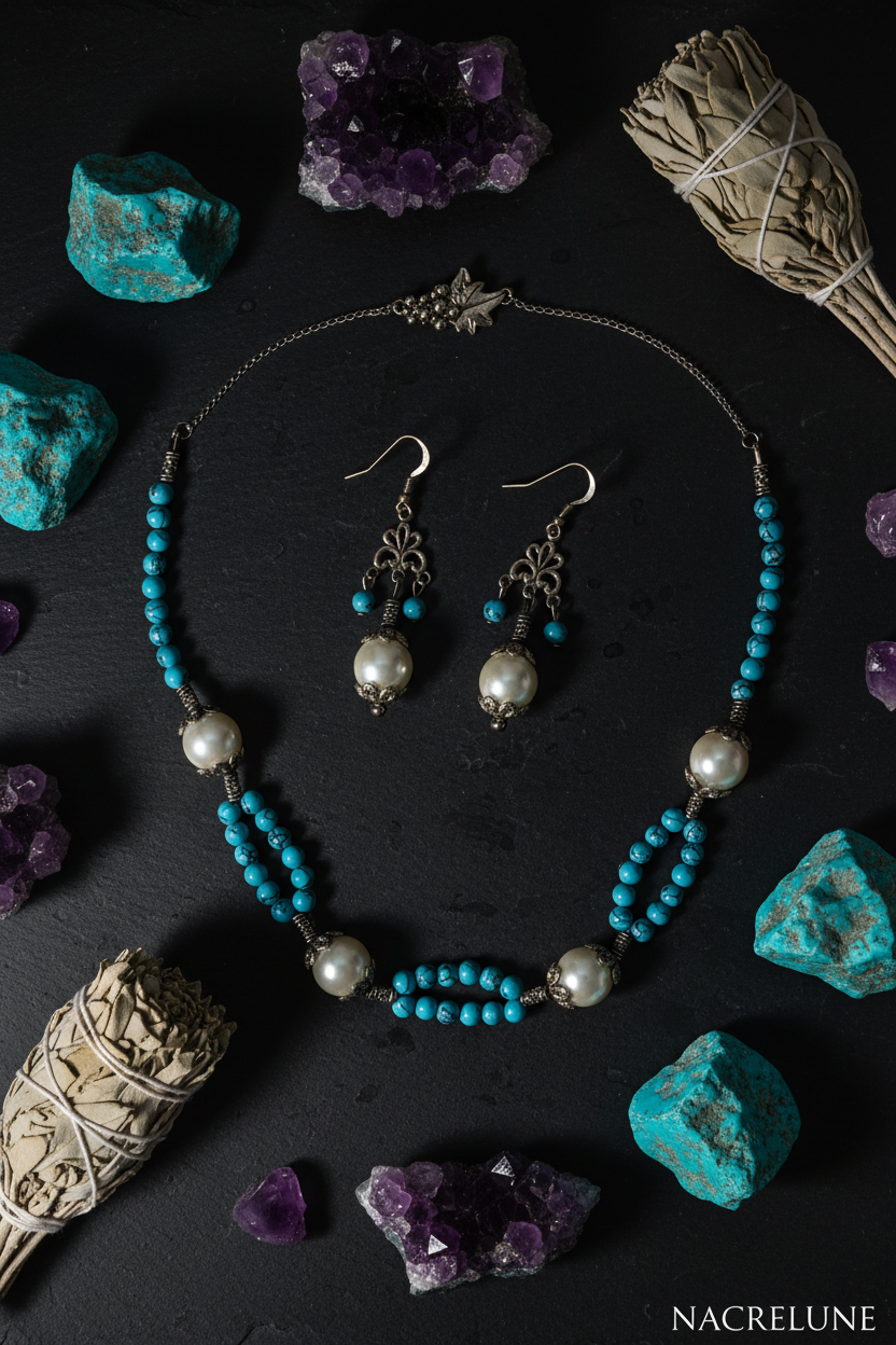 Parure Turquoise Reconstituée & Perles de Nacre – Bijou Naturel Élégant | NACRELUNE NACRELUNE parure