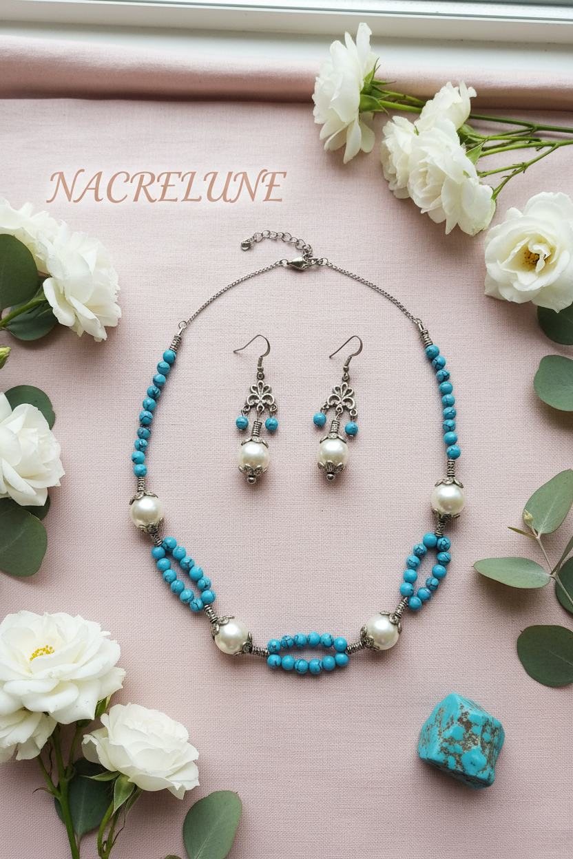 Parure Turquoise Reconstituée & Perles de Nacre – Bijou Naturel Élégant | NACRELUNE NACRELUNE parure