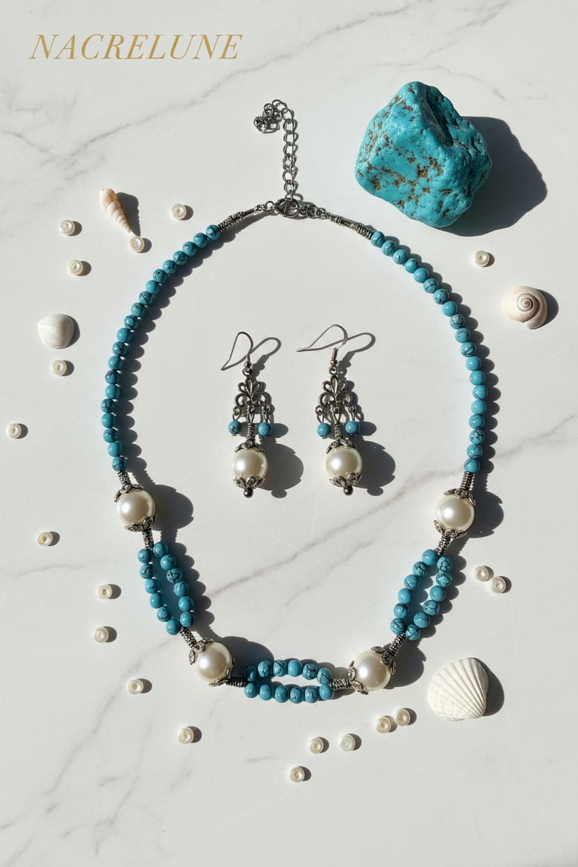 Parure Turquoise Reconstituée & Perles de Nacre – Bijou Naturel Élégant | NACRELUNE NACRELUNE Parure
