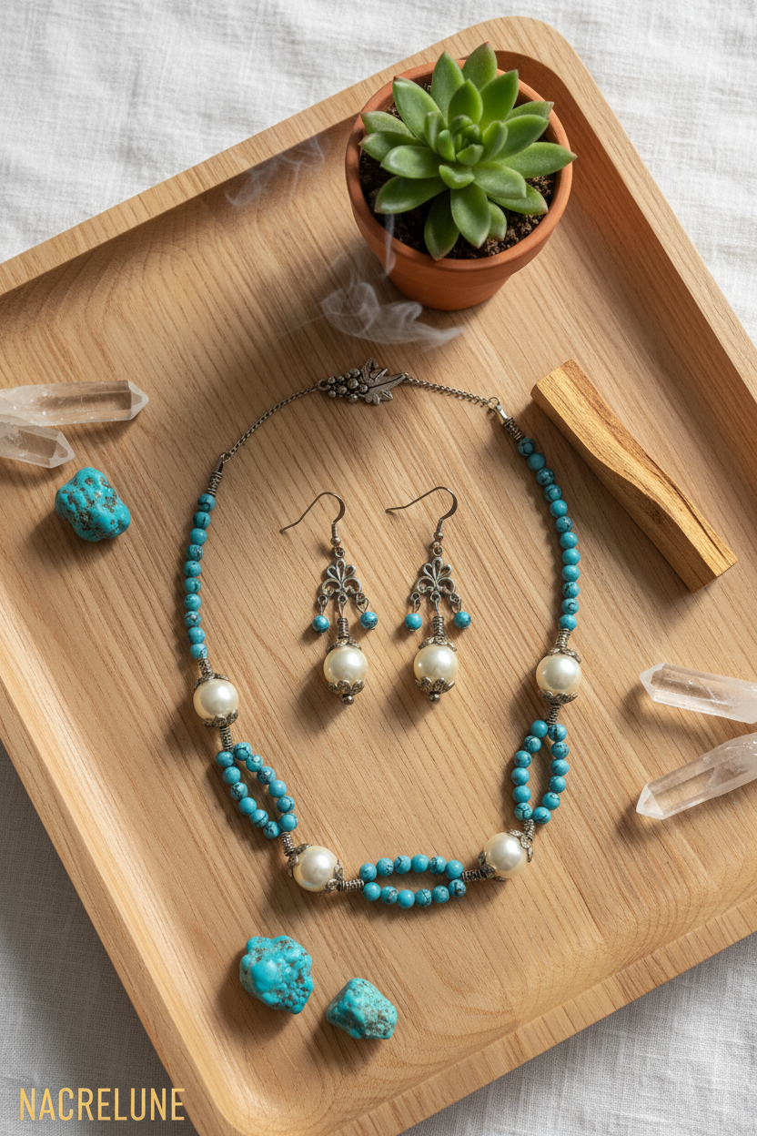 Parure Turquoise Reconstituée & Perles de Nacre – Bijou Naturel Élégant | NACRELUNE NACRELUNE parure