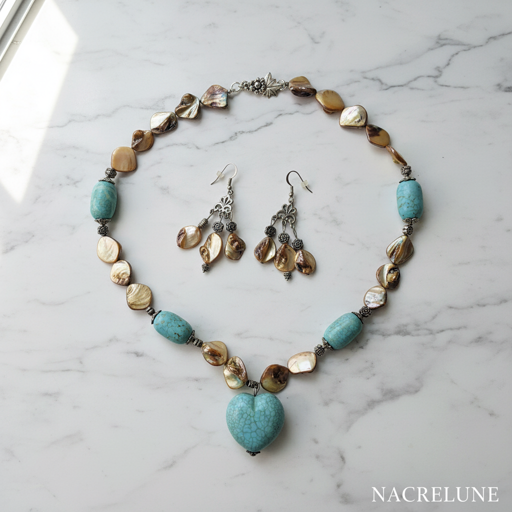 Parure Turquoises & Perles de Nacre – Collier et Boucles Cœur | NACRELUNE nacrelune.com parure
