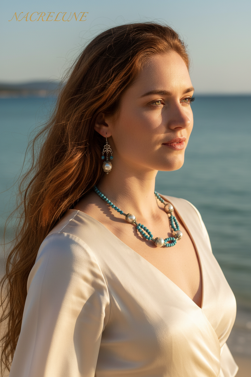 Parure Turquoise Reconstituée & Perles de Nacre – Bijou Naturel Élégant | NACRELUNE NACRELUNE Parure