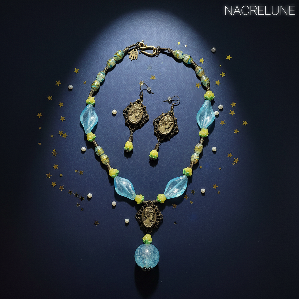 Parure en perles de verre bleue et jaune avec camée en métal nacrelune.com parure