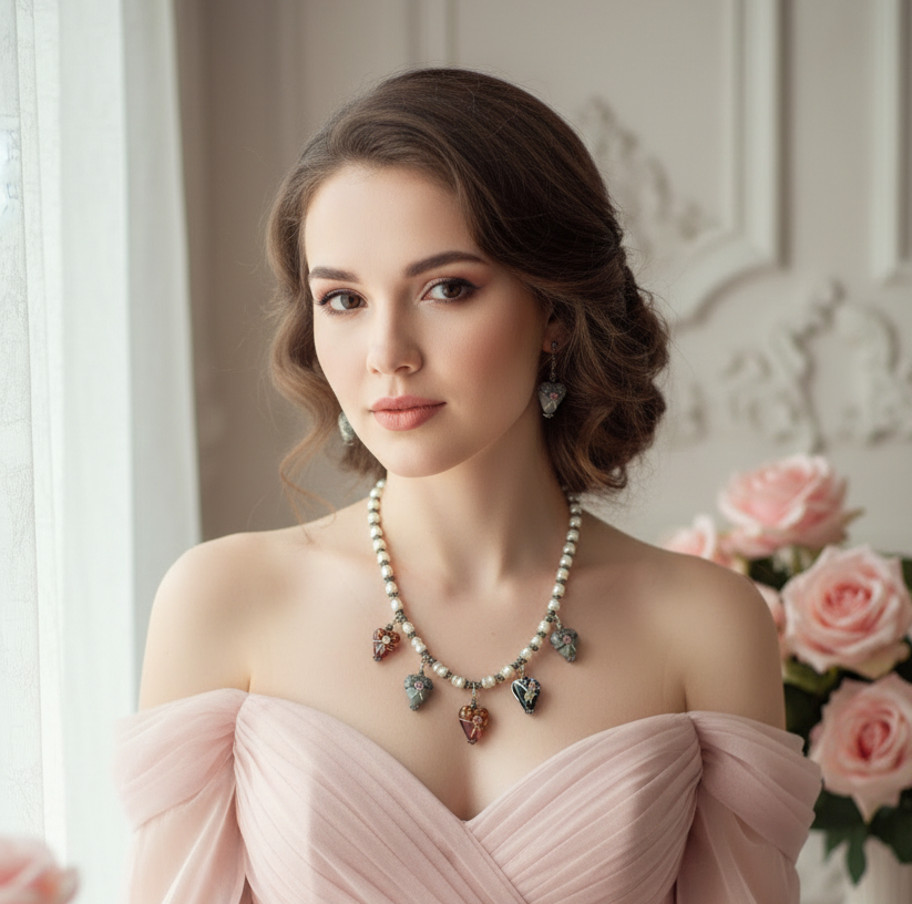 Parure en perles et coeurs en verre décoré nacrelune.com parure