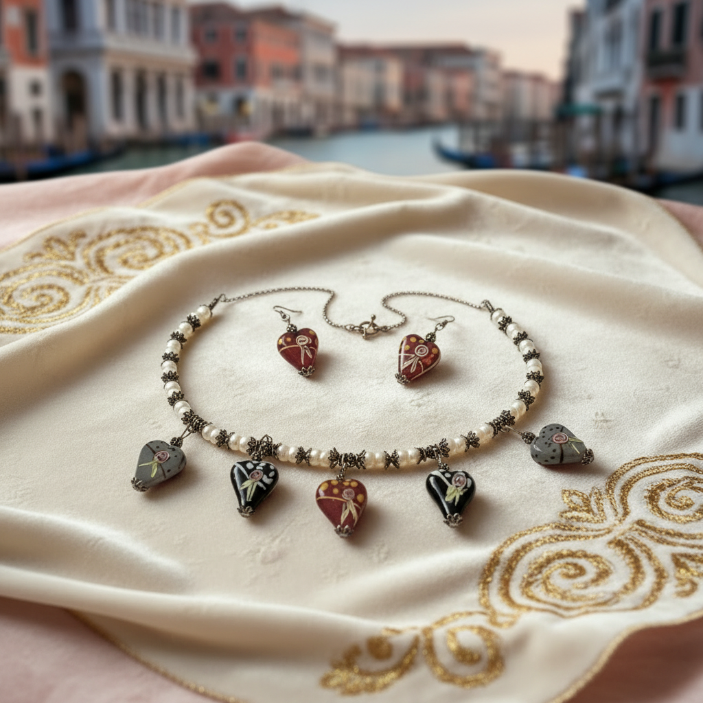 Parure en perles et coeurs en verre décoré nacrelune.com parure