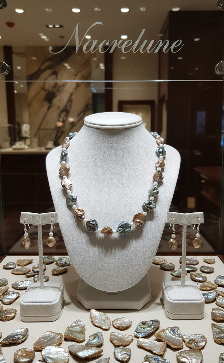 jewelry set in blue and golden mother-of-pearl beads