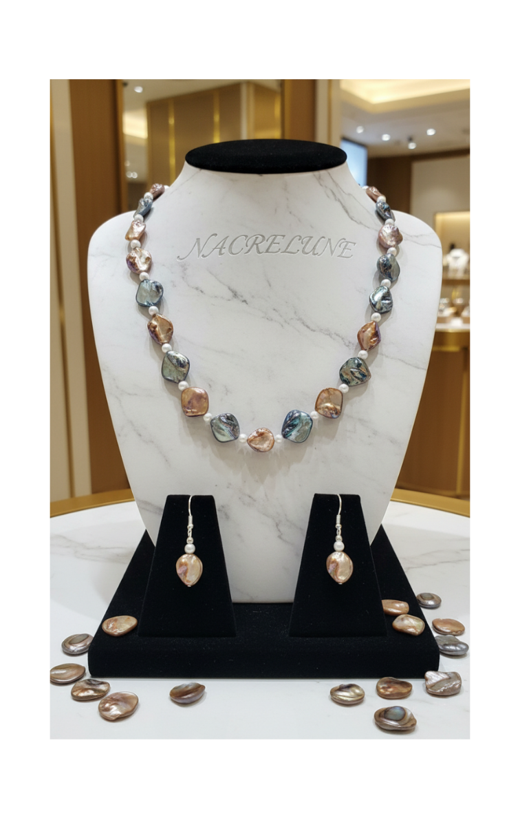 parure en perles de nacre bleue et mordorée nacrelune.com parure